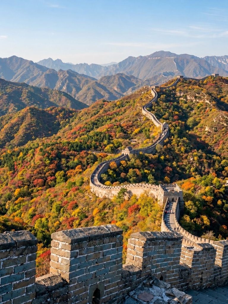 八达岭长城秋日全景：敌楼矗立于层林尽染的山脊之上