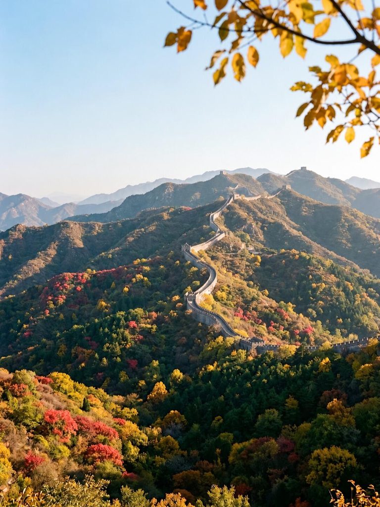 红叶前景框景中的八达岭长城，秋色正浓